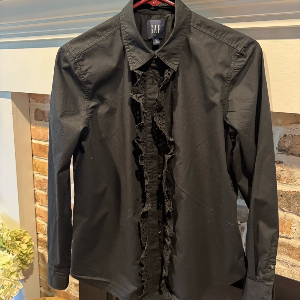 GAP Black Collared Shirt with Subtle Ruffle Detail